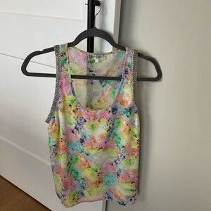 Pastel floral print tank top with beadwork around the shoulders. Size small.